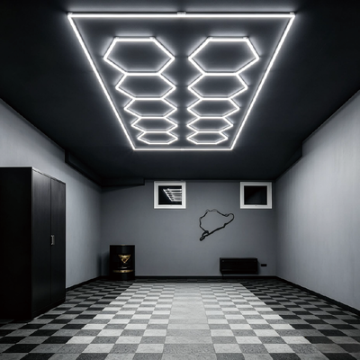 Sistema modulare di illuminazione a soffitto a LED esagonale da 568W per garage, palestra, officina, ufficio, pannelli luminosi a LED esagonali connettibili a nido d'ape