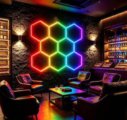 Modular LED Hexagonal Light RGB Honeycomb Ceiling Panels for Versatile Lighting in Garage Gym Workshop and Office Spaces