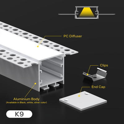 Profili in lega di alluminio serie 6000 K&C Luci lineari a soffitto e parete a LED, canale estruso incassato chiuso K9